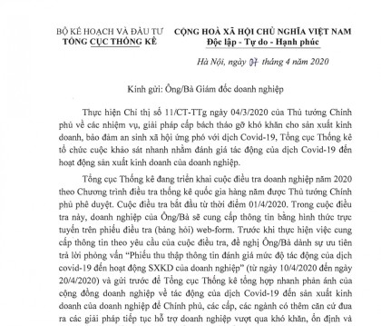 Bia Thư ngỏ của Tổng cục trưởng về điều tra ảnh hưởng của dịch Covid 19 1