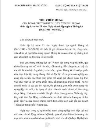 Thư chúc mừng của đồng chí Tổng Bí thư Nguyễn Phú Trọng nhân dịp kỷ niệm 75 năm thành lập Ngành Đăng ký & Đăng nhập VV88 app