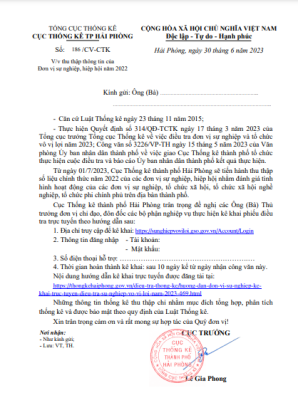 Công văn 186 về việc thu thập thông tin đơn vị sự nghiệp và tổ chức vô vị lợi năm 2023