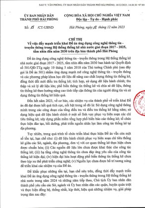 Chỉ thị về việc đẩy mạnh triển khai Đề án ứng dụng công nghệ thông tin - truyền thông trong Hệ thống thống kê nhà nước giai đoạn 2017-2025, tầm nhìn đến năm 2023 trên địa bàn thành phố VV88vip nổ hũ slot game