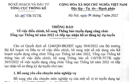 Thông báo về viêc điều chỉnh, bổ sung Thông báo tuyển dụng công chức
